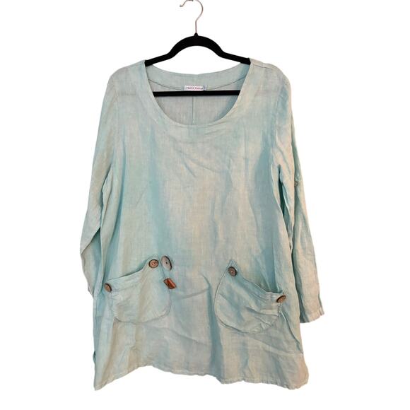 Tempo Paris Linen Top Blouse SM Artsy Lagenlook Made In Italy Blue Coastal - Picture 1 of 13